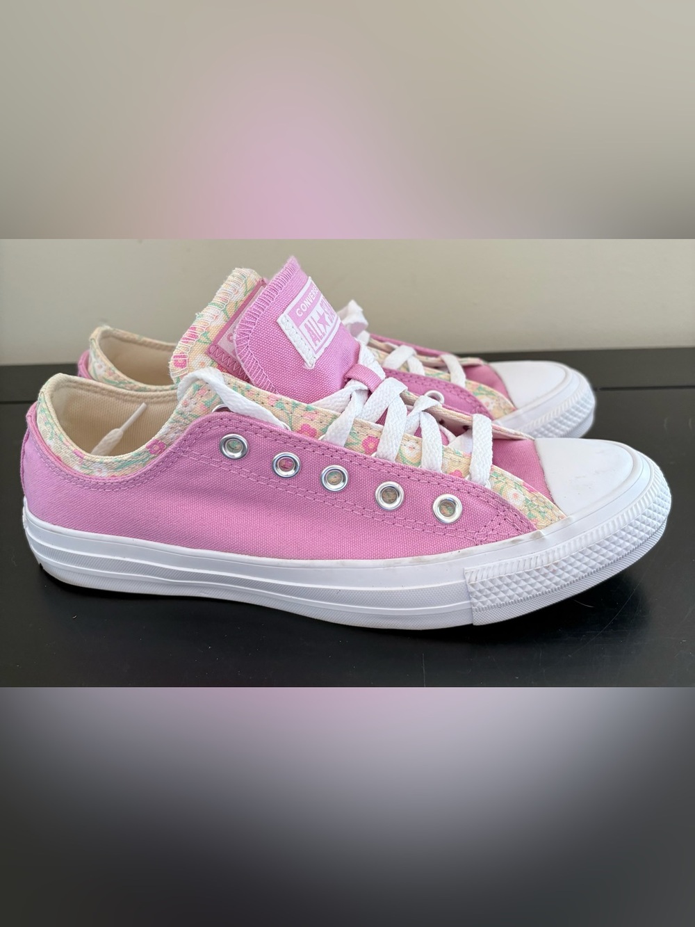 Converse All Star Pink Low top Sneakers Double Tongue and Floral Accent Size 8.5